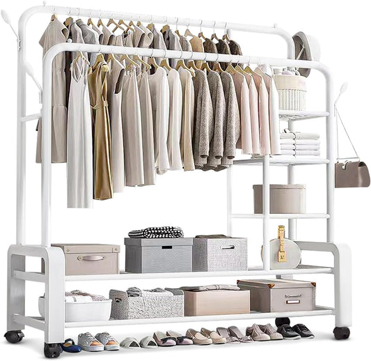 Clothes Hanger with Shelves, Garment Rack with shelves and wheels