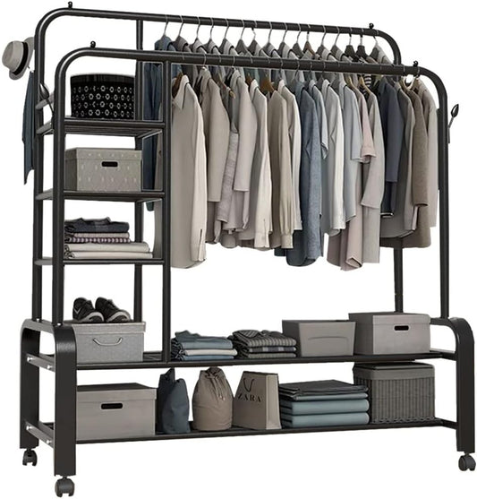 Clothes Hanger with Shelves, Garment Rack with shelves and wheels