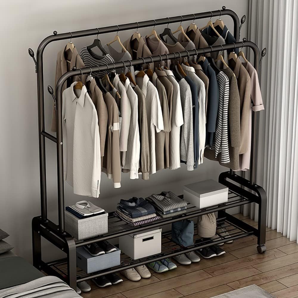 Multi-Layer Clothes Hanger Rack with Hooks & Wheels, Double Pole Clothes Rack with Wheels