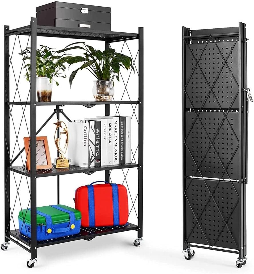 4 Layer Foldable Trolley Rack, Kitchen Storage Rack with Wheels