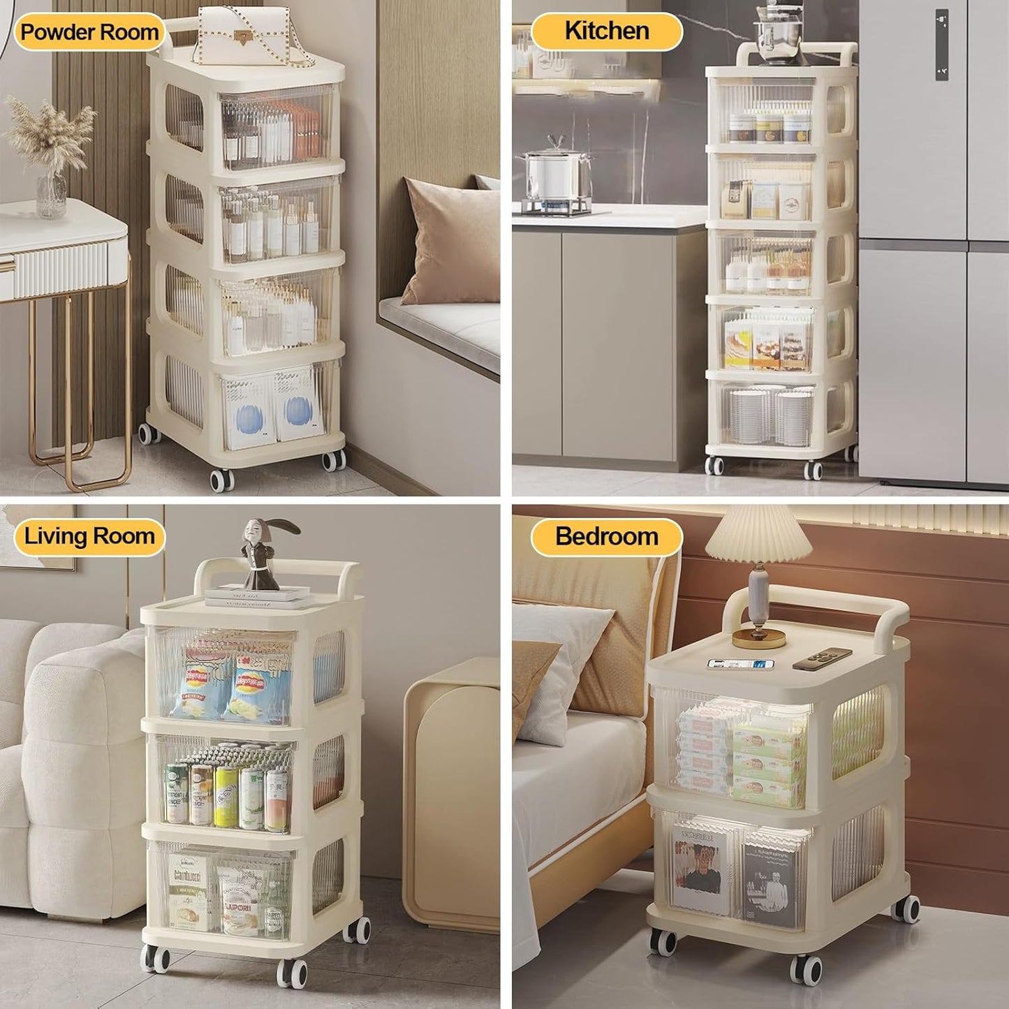 Plastic Drawer Organizer with Wheels, 3-Layer Rolling Storage Cabinet