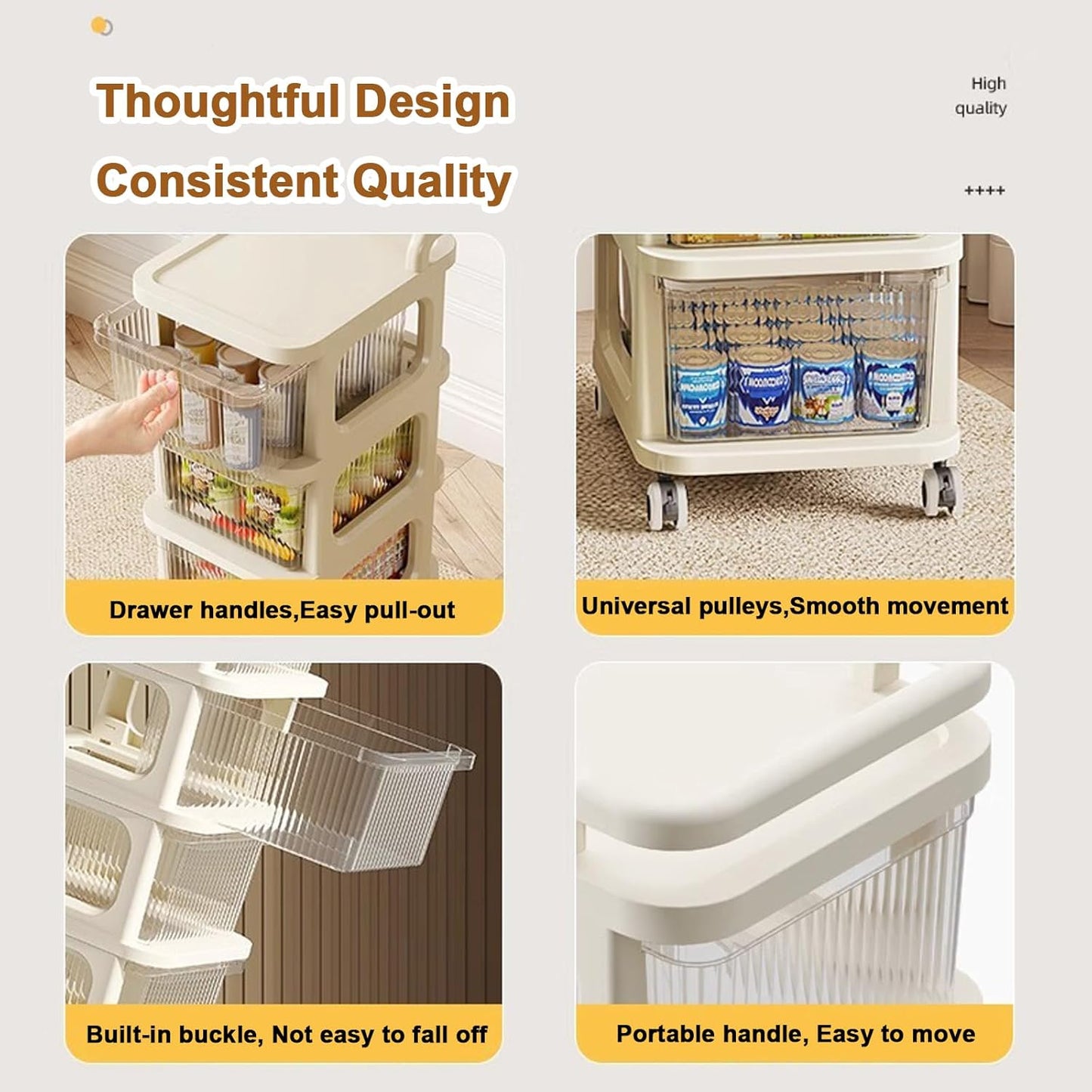 Plastic Drawer Organizer with Wheels, 3-Layer Rolling Storage Cabinet