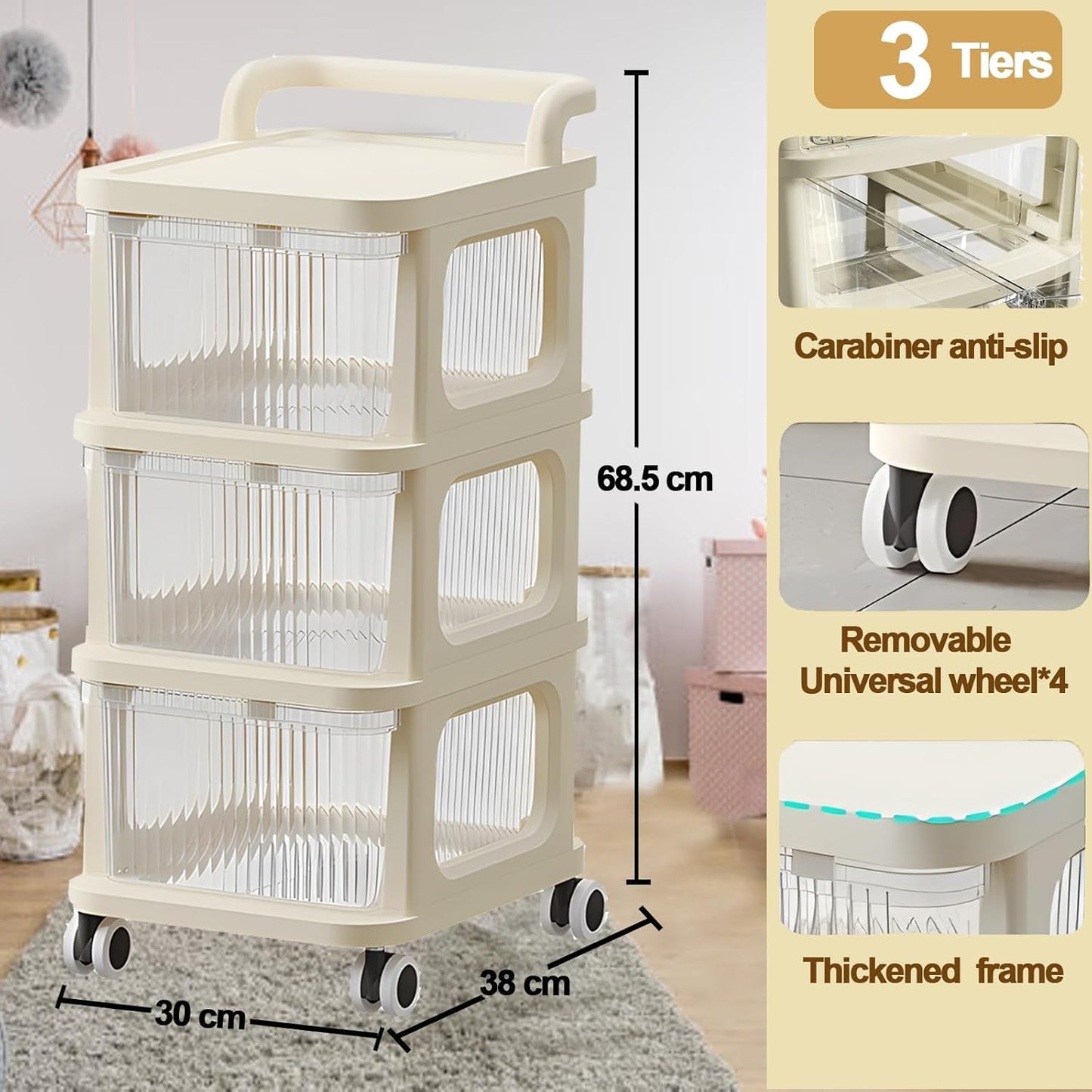 Plastic Drawer Organizer with Wheels, 3-Layer Rolling Storage Cabinet
