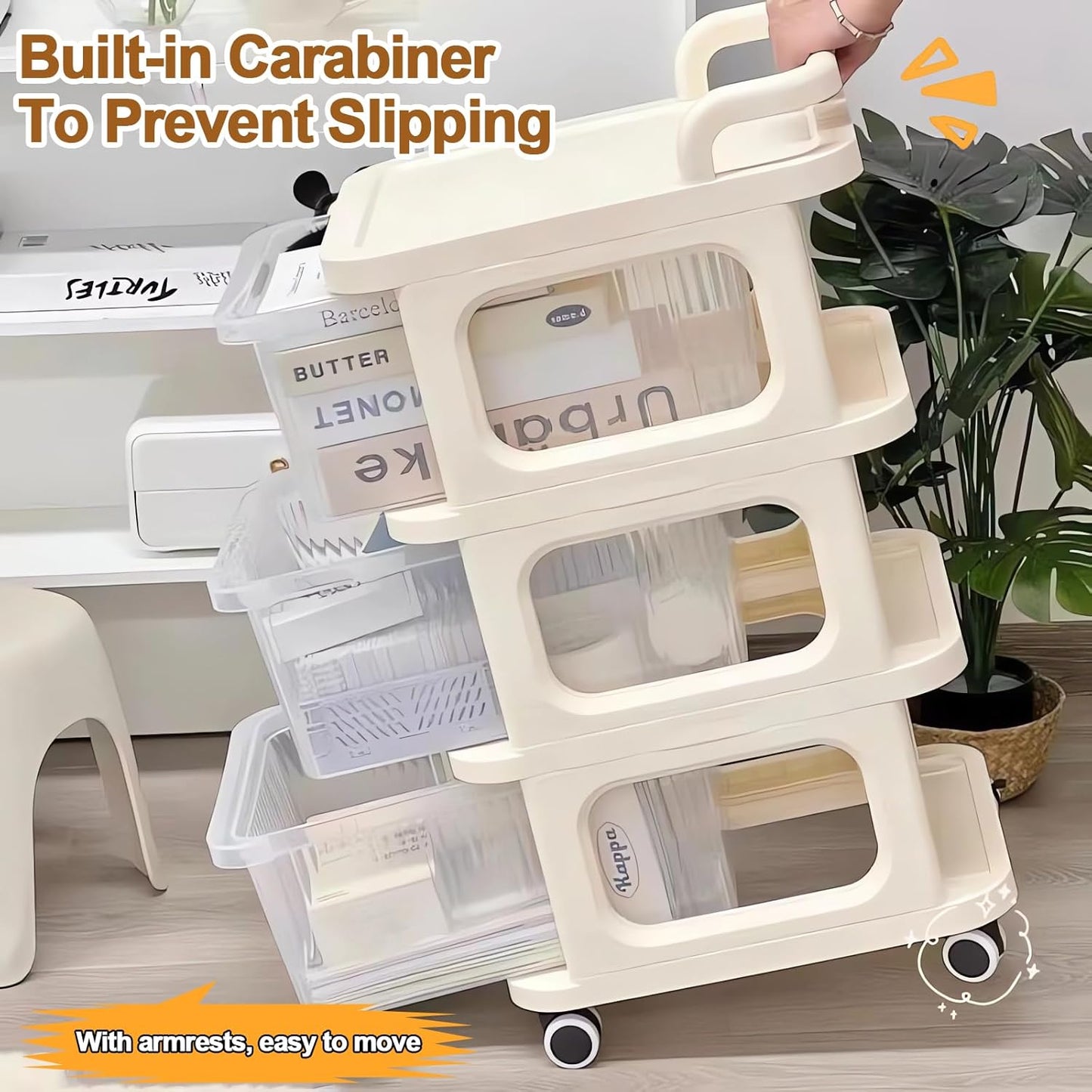 Plastic Drawer Organizer with Wheels, 3-Layer Rolling Storage Cabinet