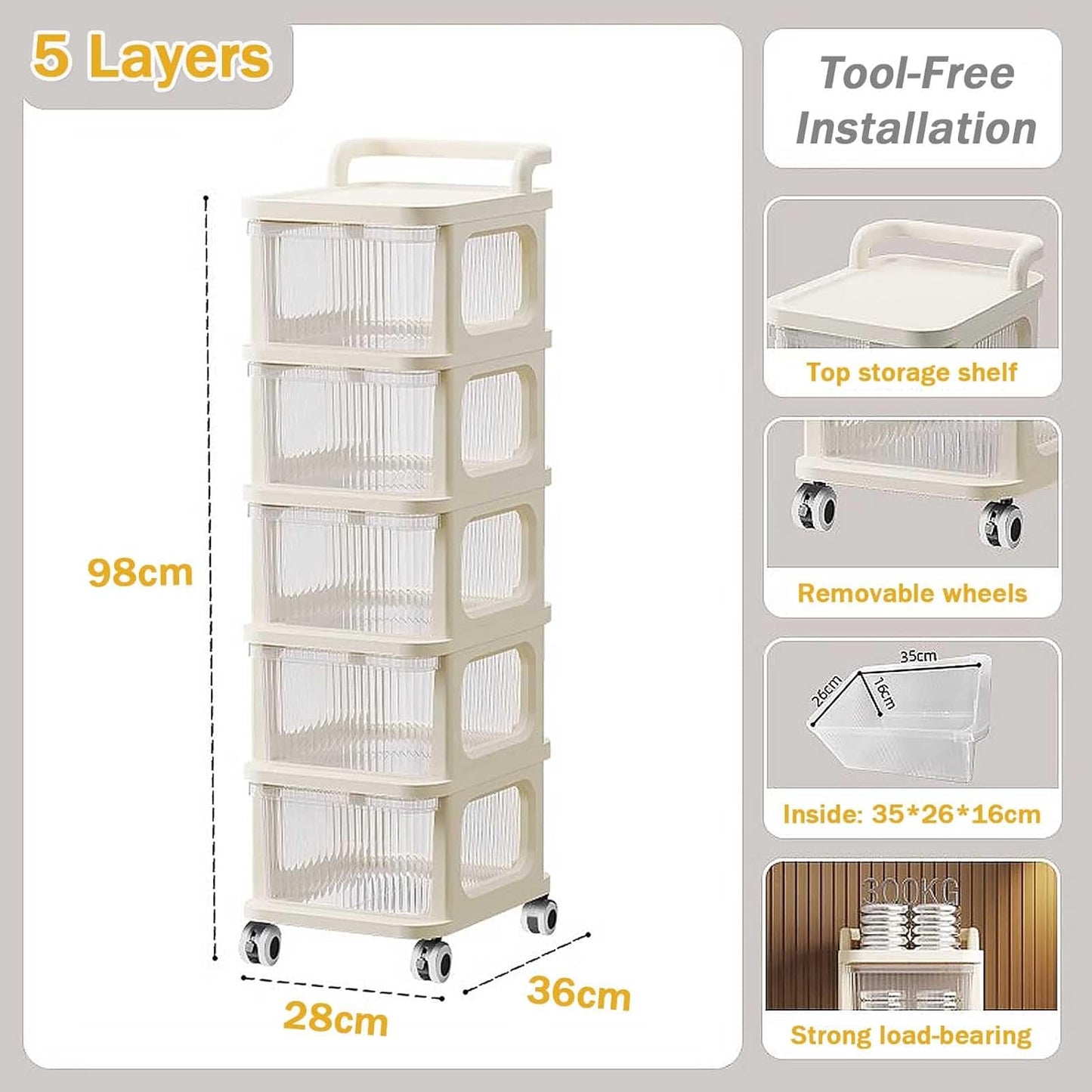 Plastic Storage Trolley with Wheels, 5 Layer Plastic Drawer Storage Cabinet