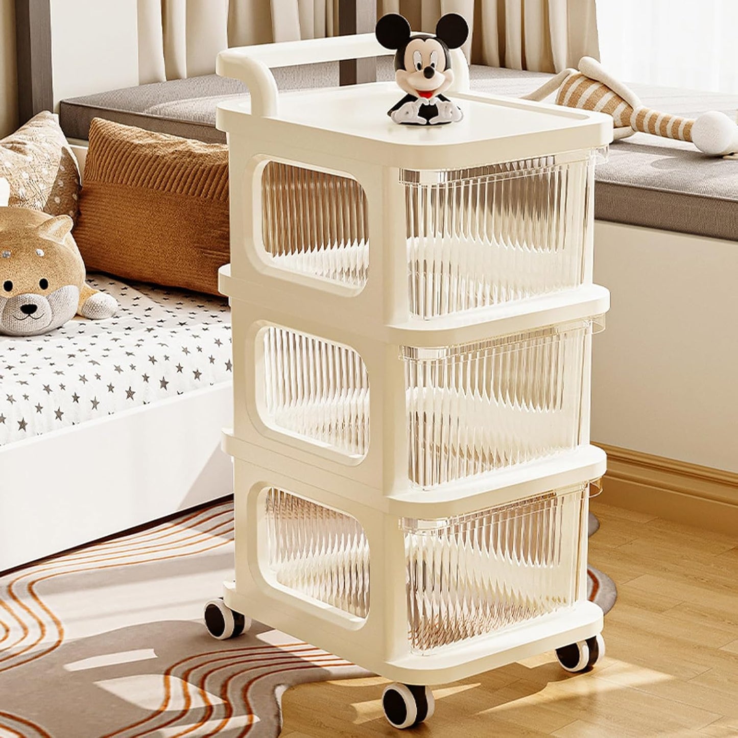 Plastic Drawer Organizer with Wheels, 3-Layer Rolling Storage Cabinet