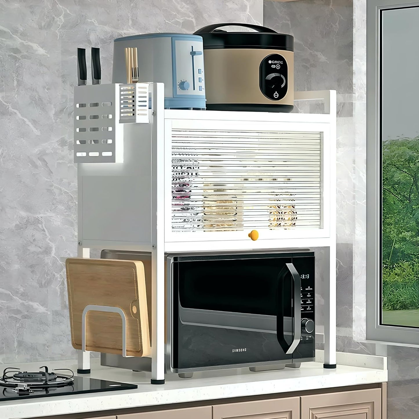 Microwave Storage Rack with Door, Closed Storage for Microwave Oven