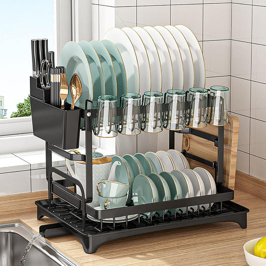 Dish Drying Rack 2 tier,Dish Drying Rack with Cutlery Holder