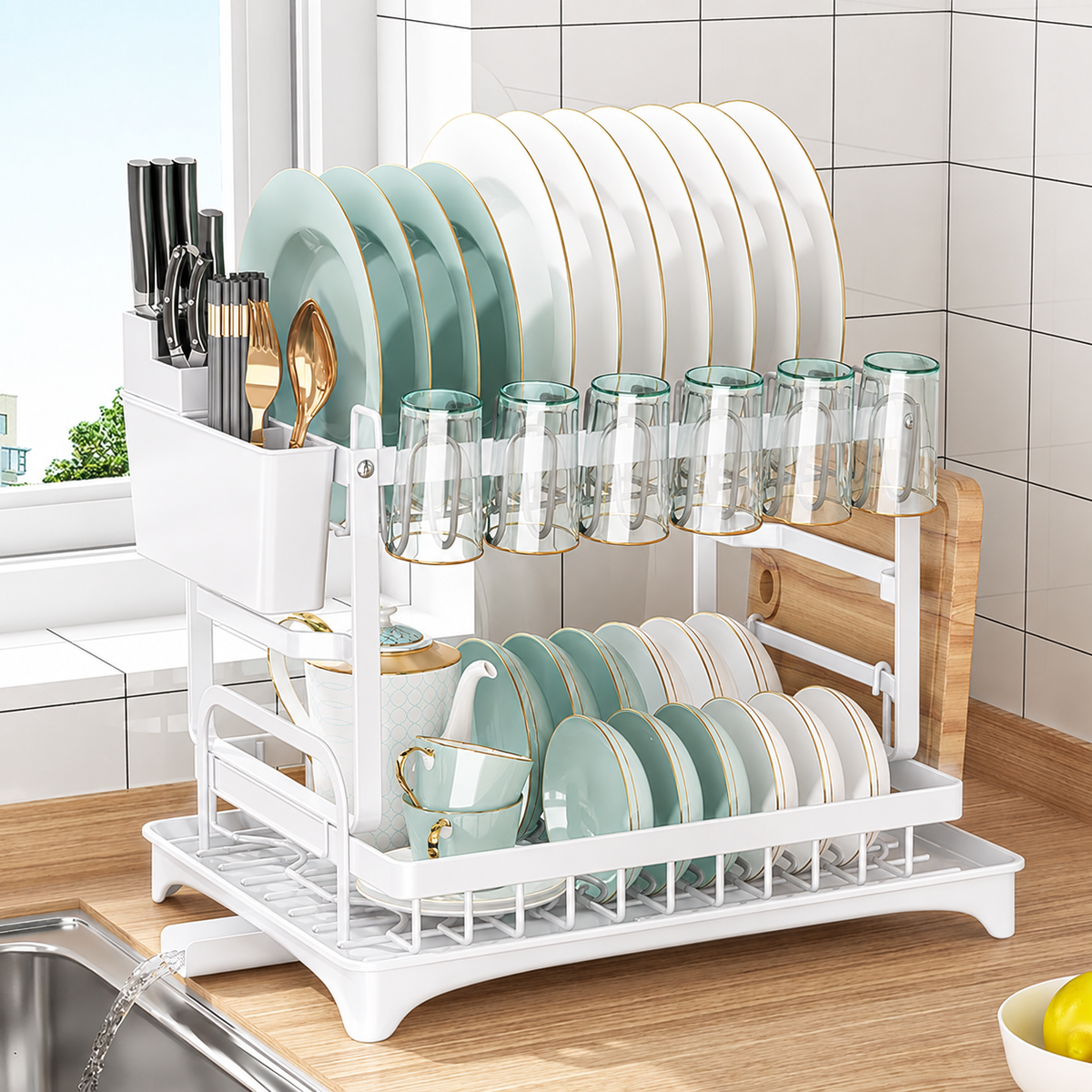 Dish Drying Rack 2 tier,Dish Drying Rack with Cutlery Holder