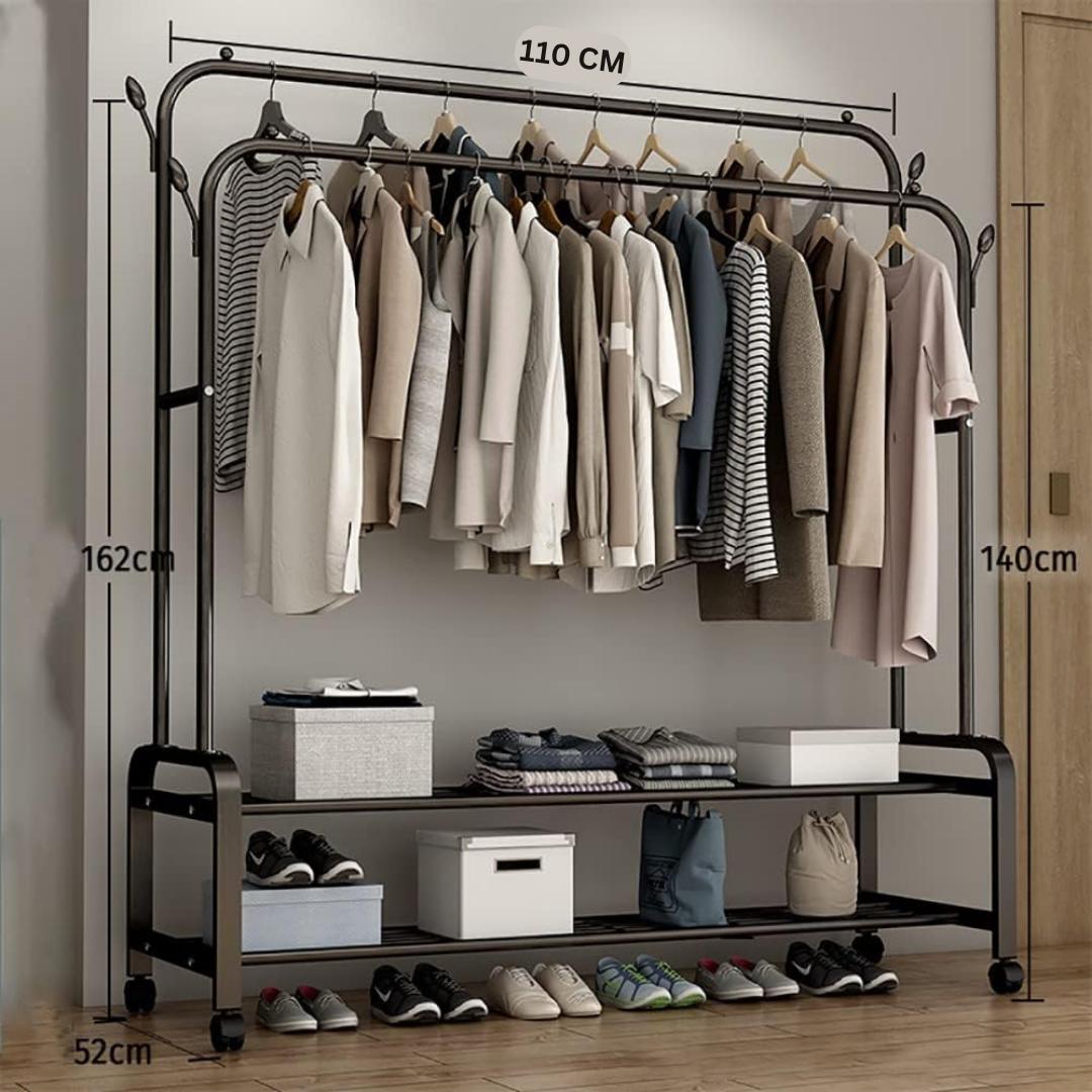 Multi-Layer Clothes Hanger Rack with Hooks & Wheels, Double Pole Clothes Rack with Wheels