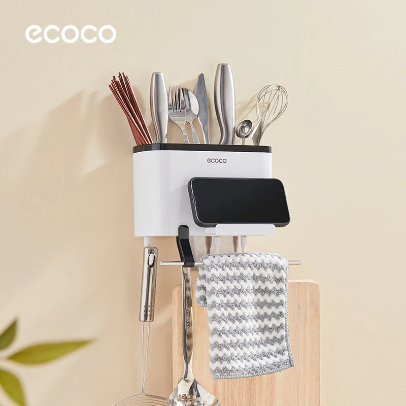 Wall-Mounted Utensil Holder , Kitchen Storage Rack with Knife & Towel Holder