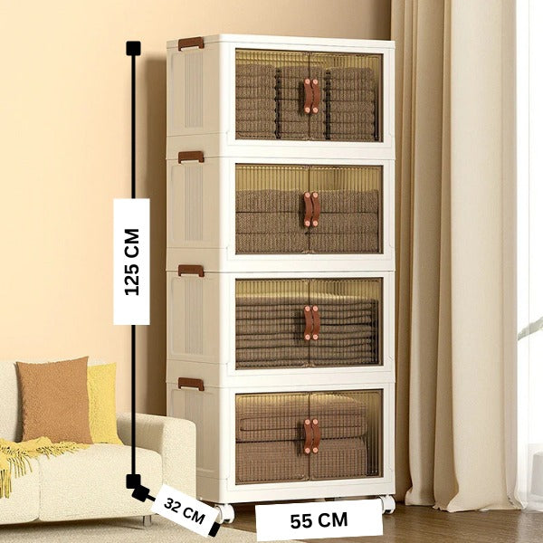 Foldable Storage Cabinet 4 Layer, Stackable Portable Storage Cabinet with Movable Wheels
