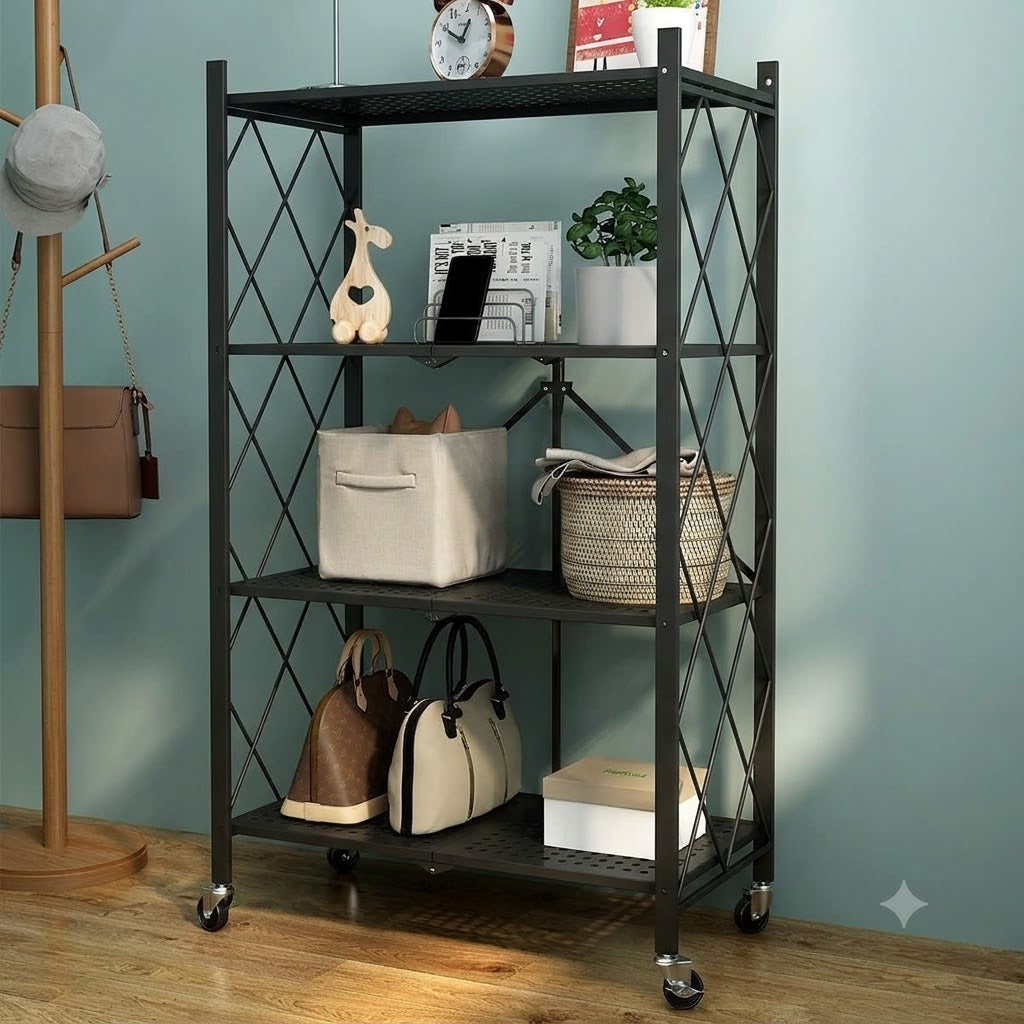 4 Layer Foldable Trolley Rack, Kitchen Storage Rack with Wheels