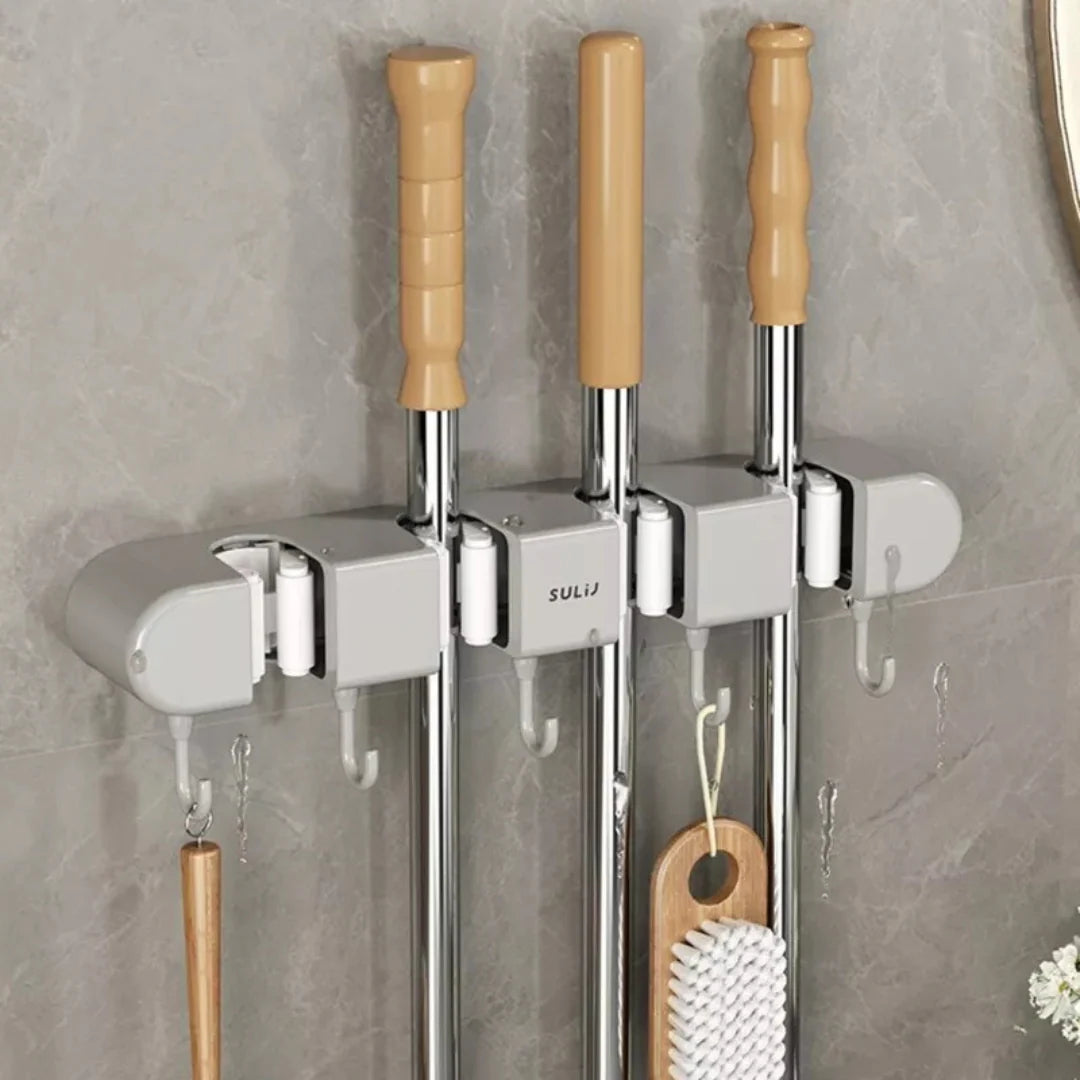 Wall-Mounted Mop Holder, Adhesive Broom and Mop Holder