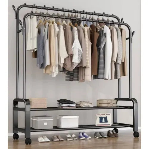 Multi-Layer Clothes Hanger Rack with Hooks & Wheels, Double Pole Clothes Rack with Wheels