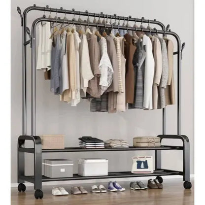 رف ملابس متعدد الطبقات مزود بخطافات وعجلات، رف ملابس مزدوج العمود مزود بعجلات