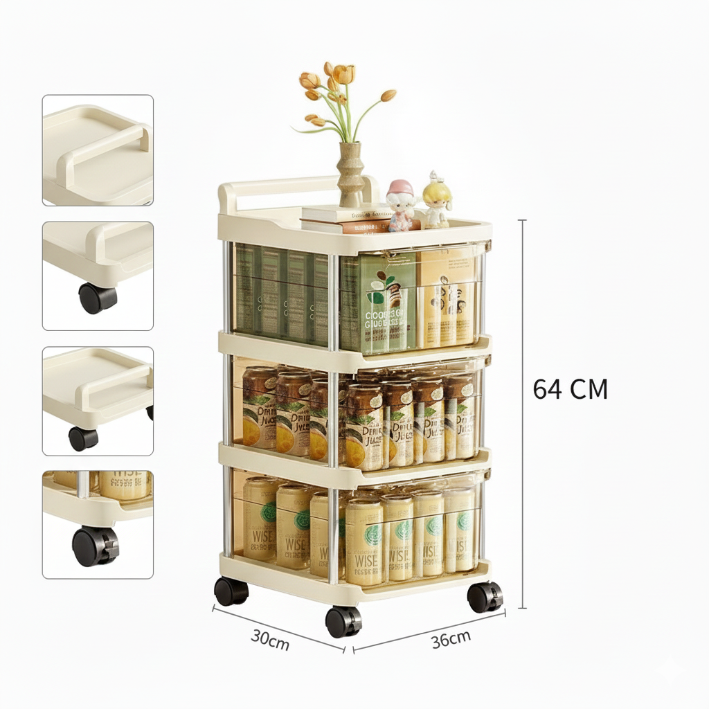 Plastic Drawer Organizer with Wheels, Multilayer Rolling Storage Cabinet