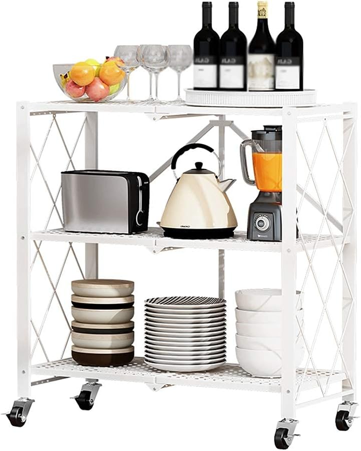 3 Layer Foldable Trolley Rack, Foldable Kitchen Storage Rack 3 Tier happyhome