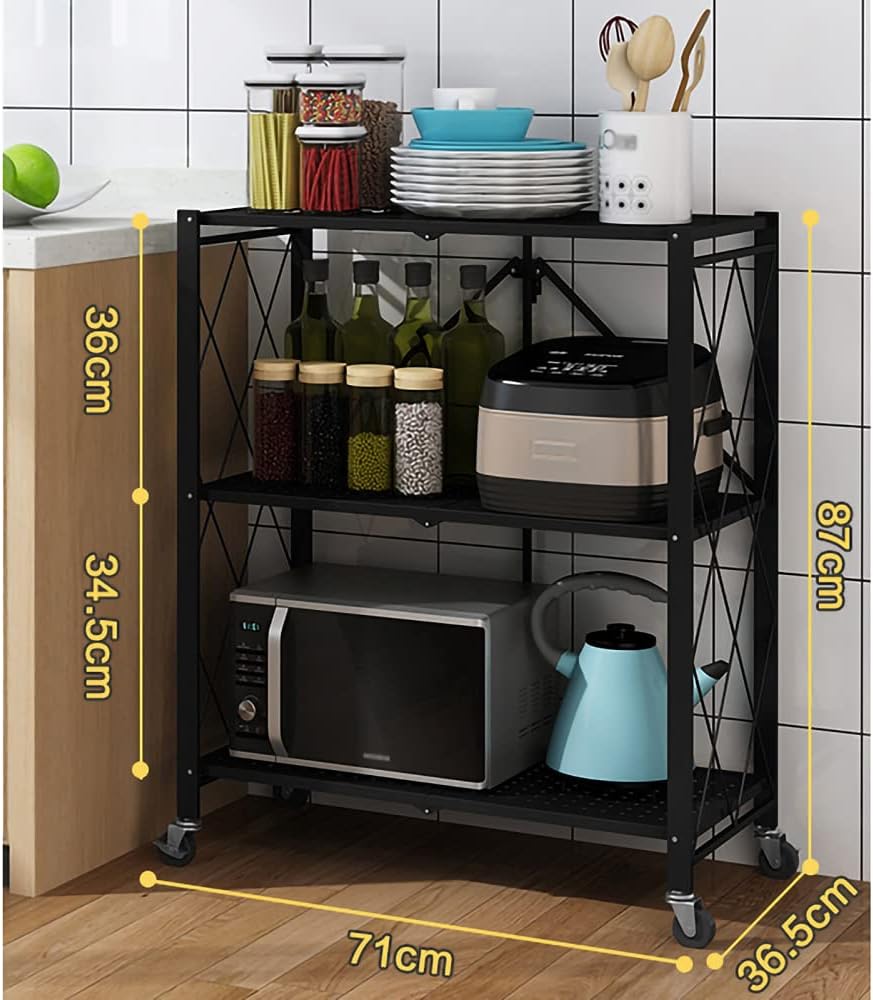 3 Layer Foldable Trolley Rack, Foldable Kitchen Storage Rack 3 Tier happyhome