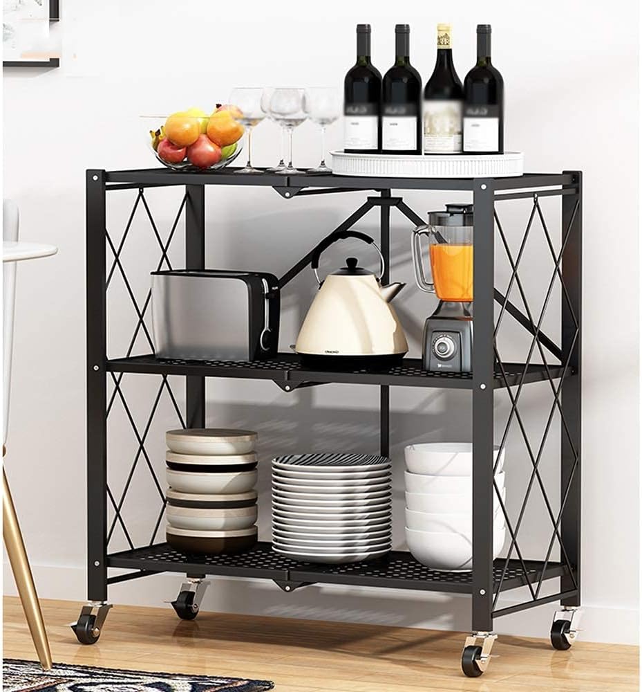 3 Layer Foldable Trolley Rack, Foldable Kitchen Storage Rack 3 Tier happyhome