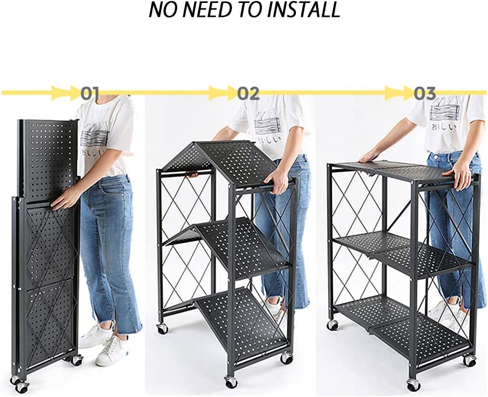 3 Layer Foldable Trolley Rack, Foldable Kitchen Storage Rack 3 Tier happyhome