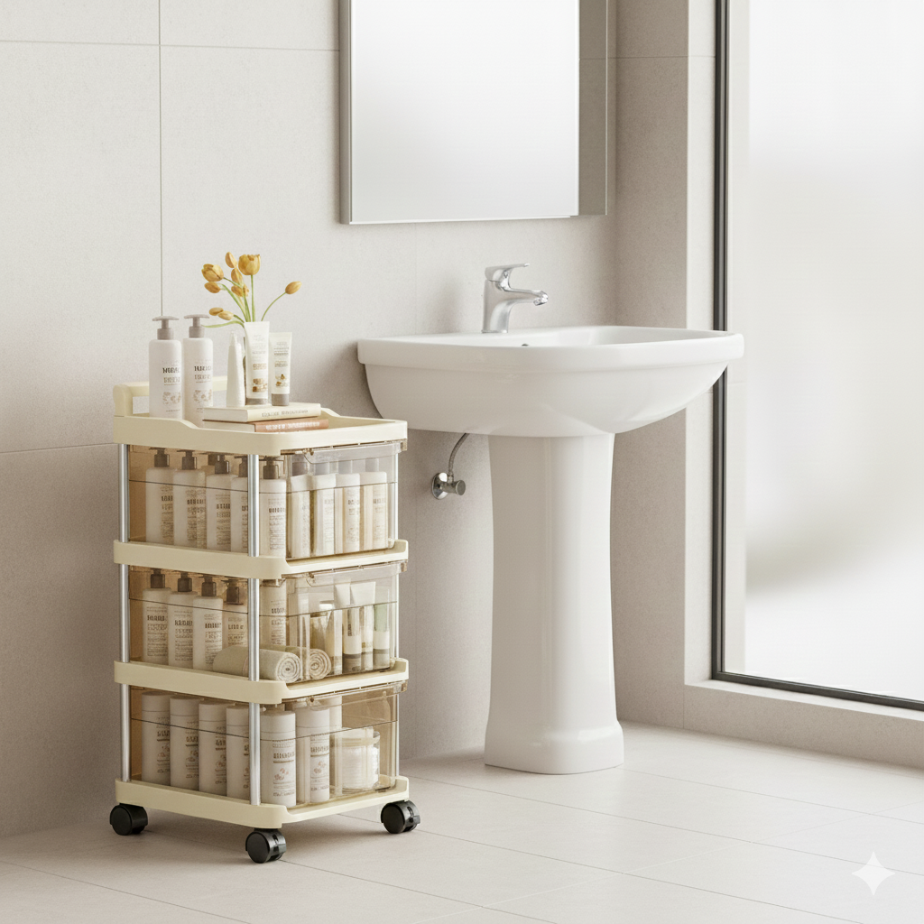 Plastic Drawer Organizer with Wheels, Multilayer Rolling Storage Cabinet