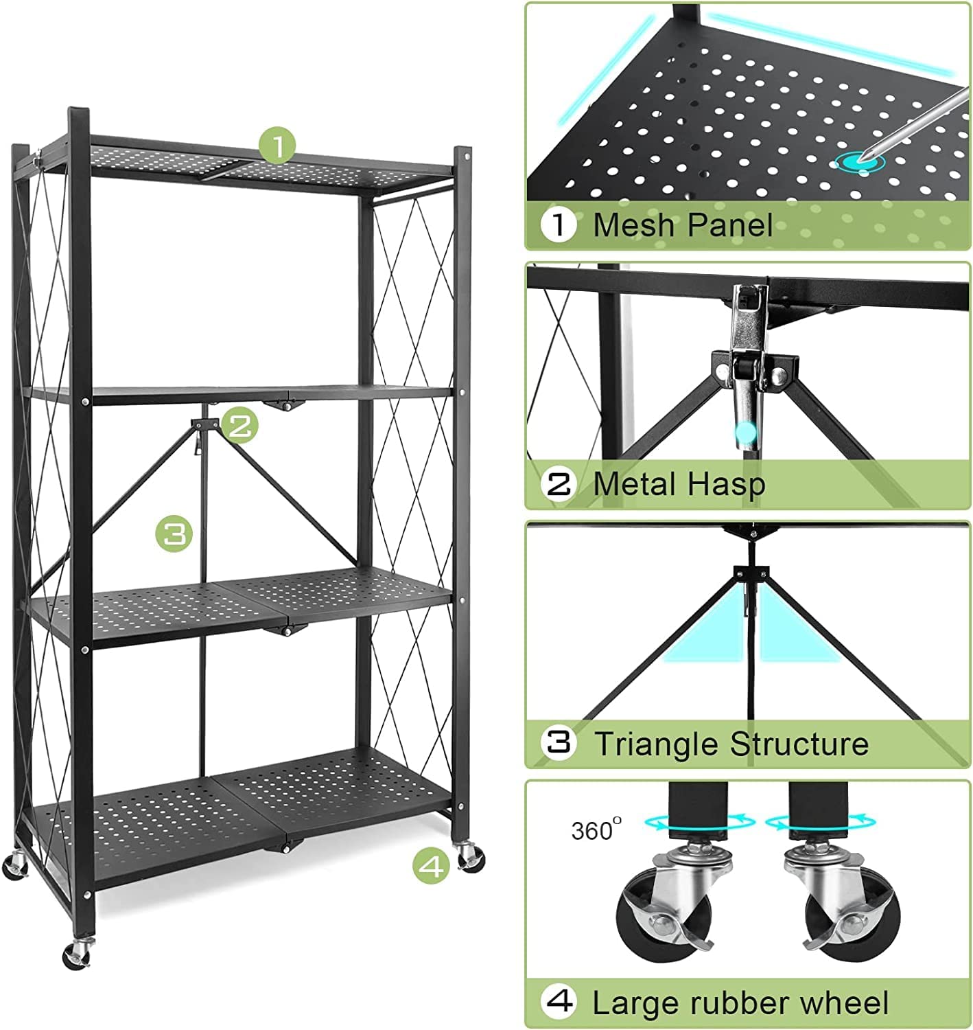 4 Layer Foldable Trolley Rack, Kitchen Storage Rack with Wheels happyhome