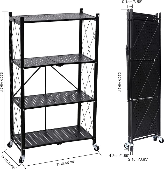 4 Layer Foldable Trolley Rack, Kitchen Storage Rack with Wheels happyhome