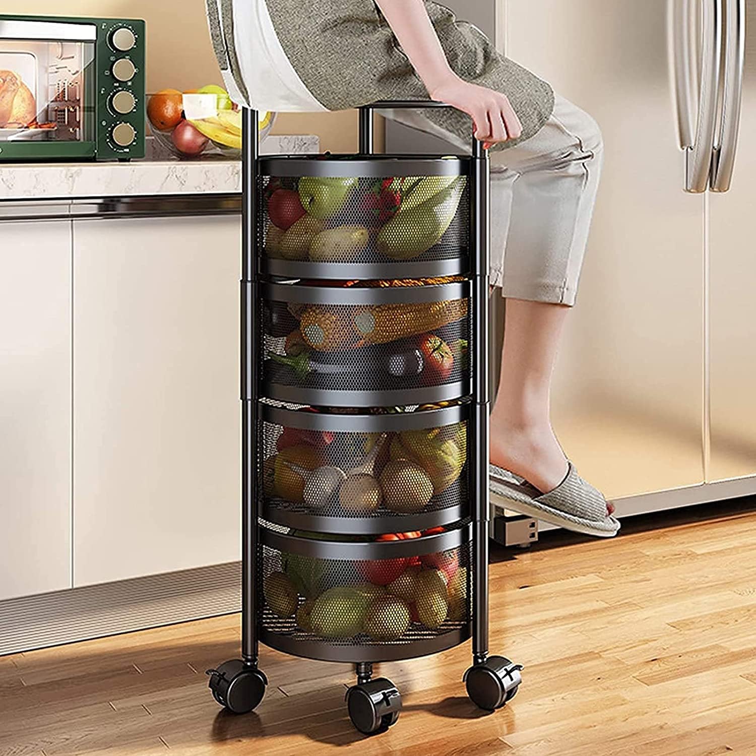 4 Layer Round Shelf, Rotatable Vegetable Rack with Wheels happyhome