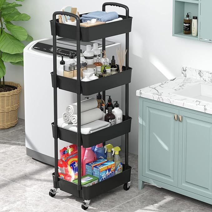 4-Tier Plastic Rolling Utility Cart ,Movable Storage Organizer with Wheels happyhome