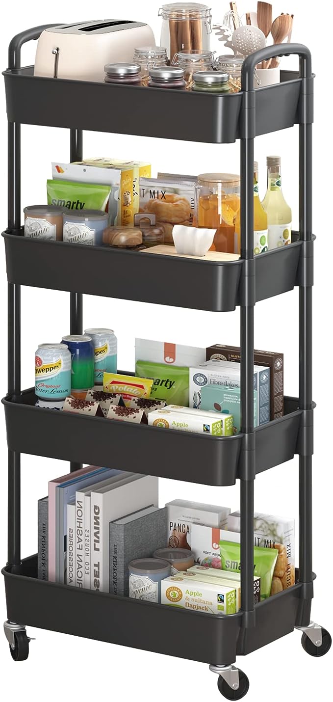 4-Tier Plastic Rolling Utility Cart ,Movable Storage Organizer with Wheels happyhome