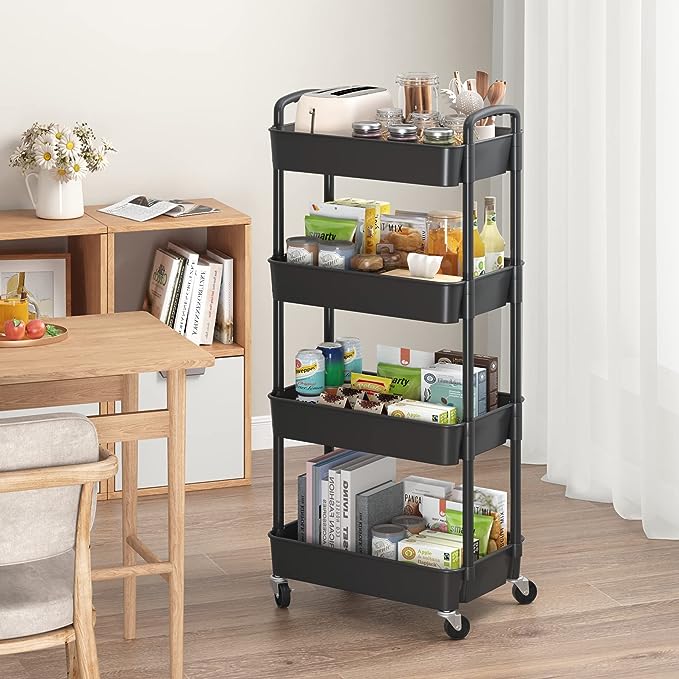 4-Tier Plastic Rolling Utility Cart ,Movable Storage Organizer with Wheels happyhome