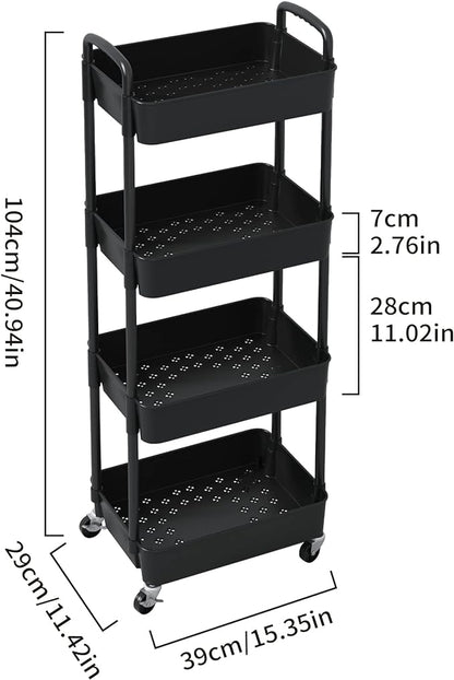 4-Tier Plastic Rolling Utility Cart ,Movable Storage Organizer with Wheels happyhome