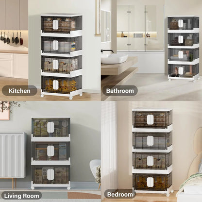 3-Layer Foldable Storage Cabinet , Stackable Rolling Organizer Shelf