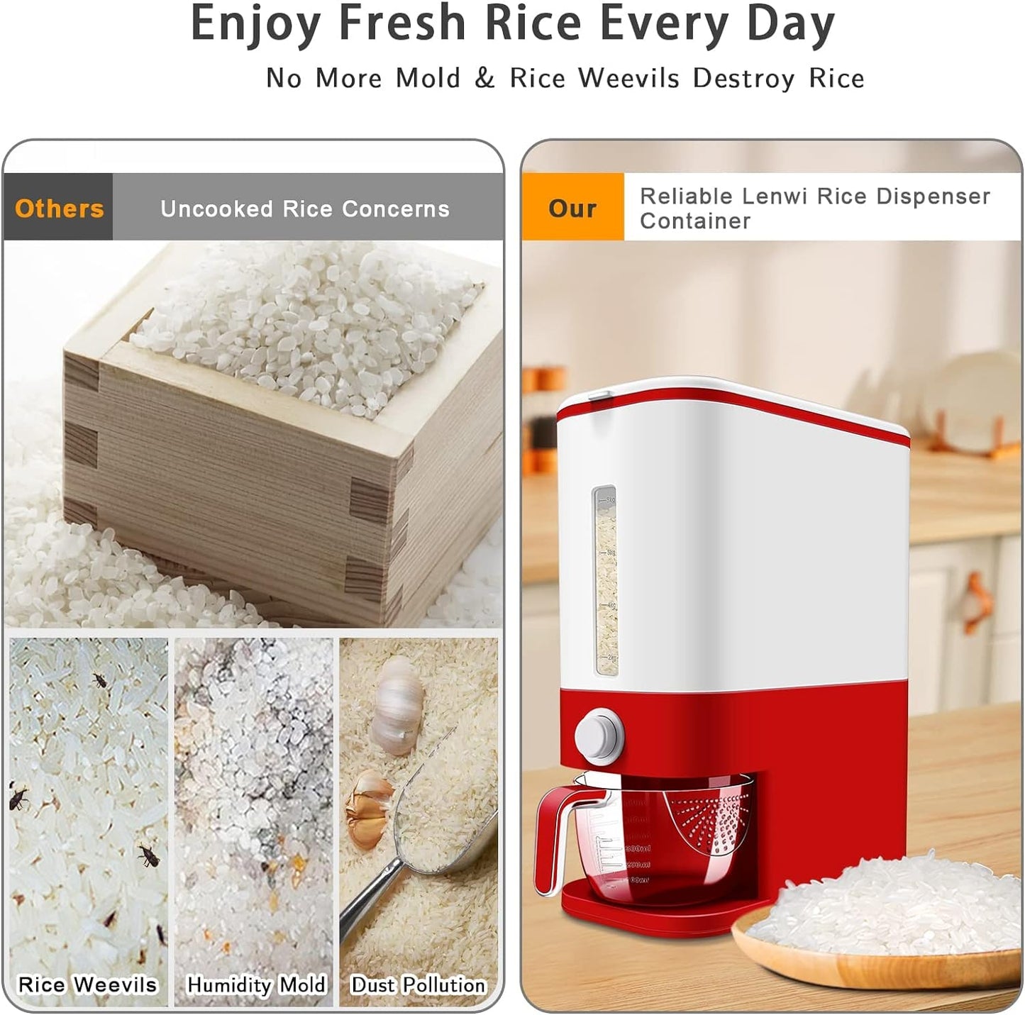 5 Kg Rice Bottle Dispenser, Cereal Dispenser with Measuring Cup happyhome