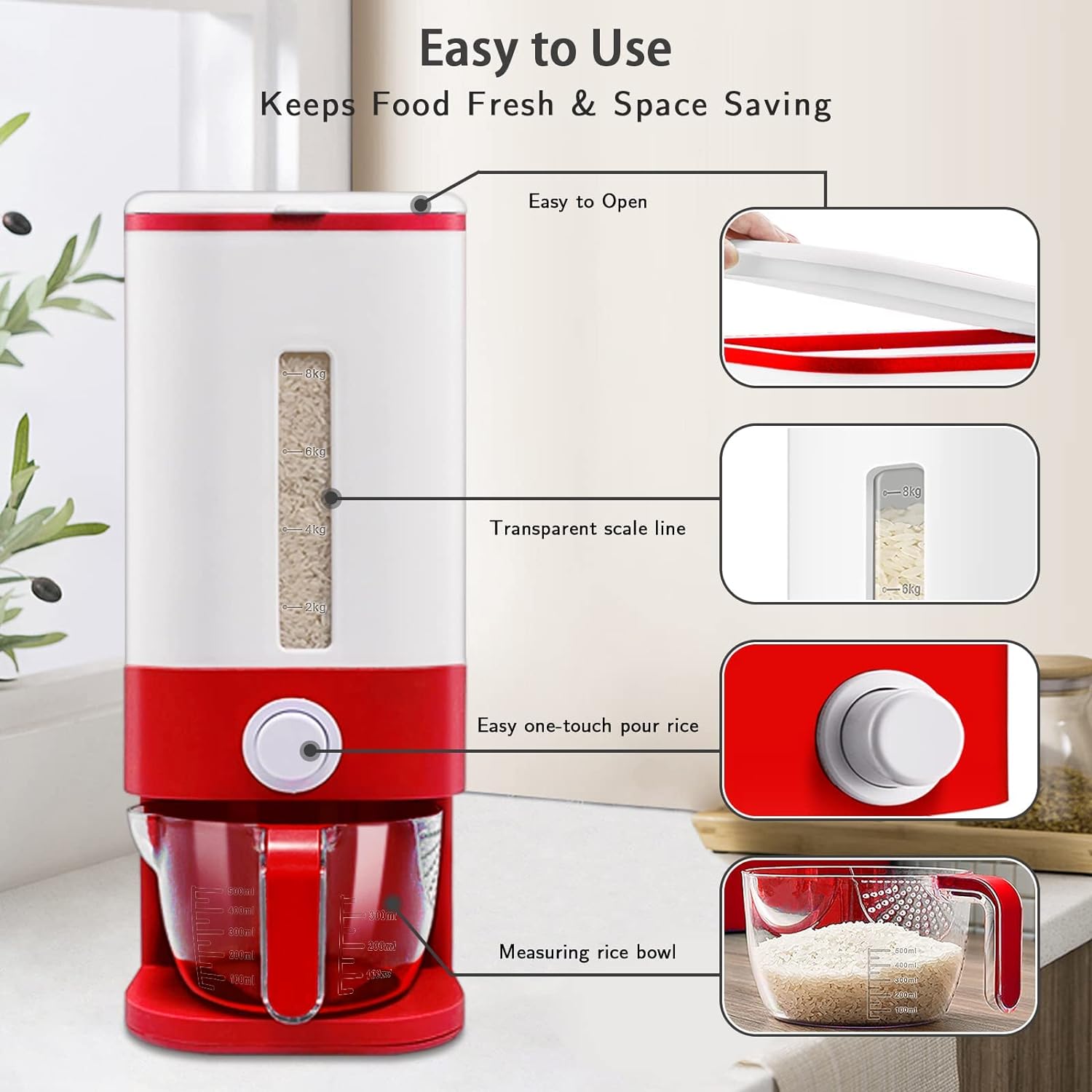 5 Kg Rice Bottle Dispenser, Cereal Dispenser with Measuring Cup happyhome