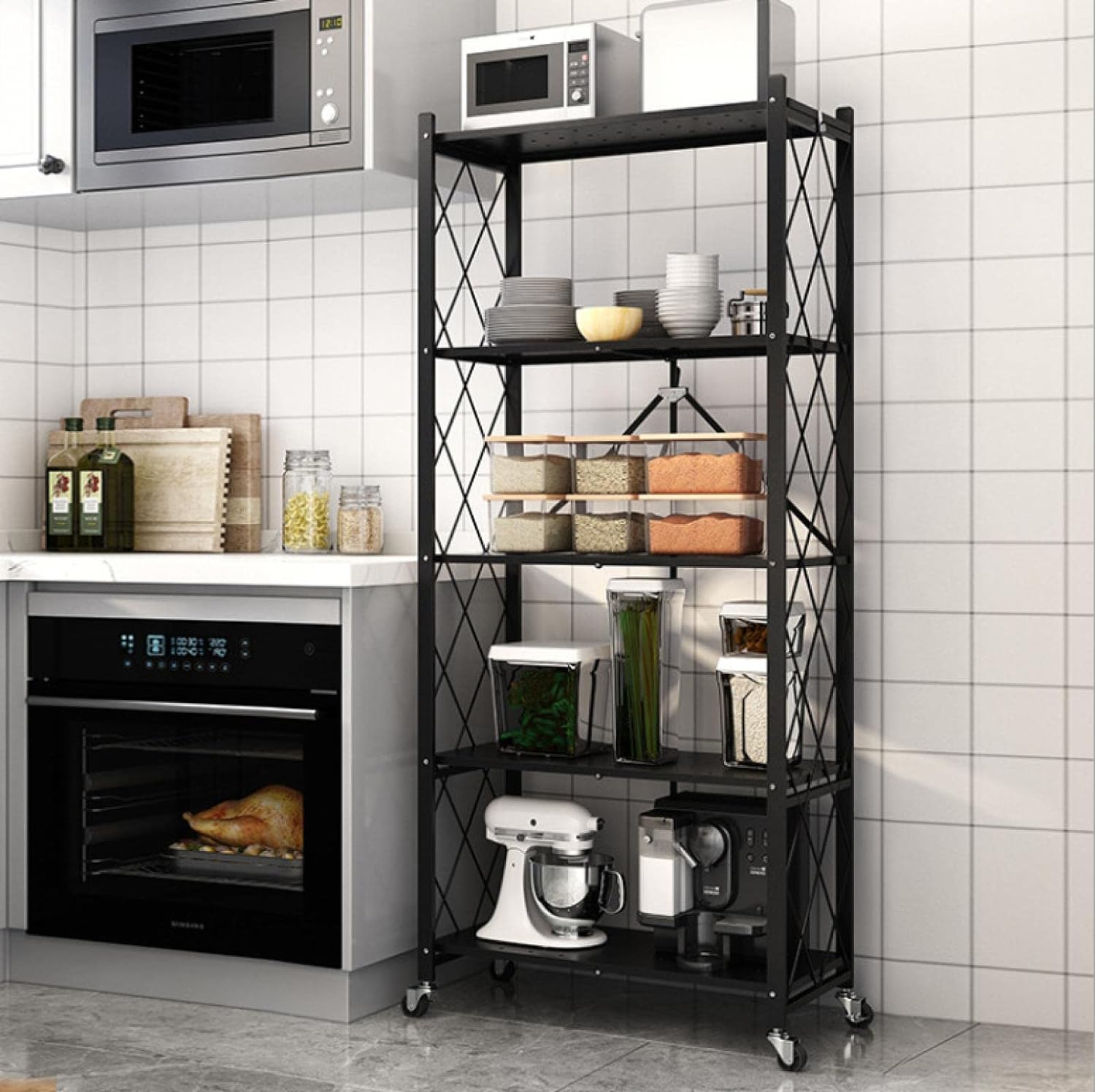 5 Layer Foldable Trolley Rack ,Folding Shelf for Kitchen happyhome