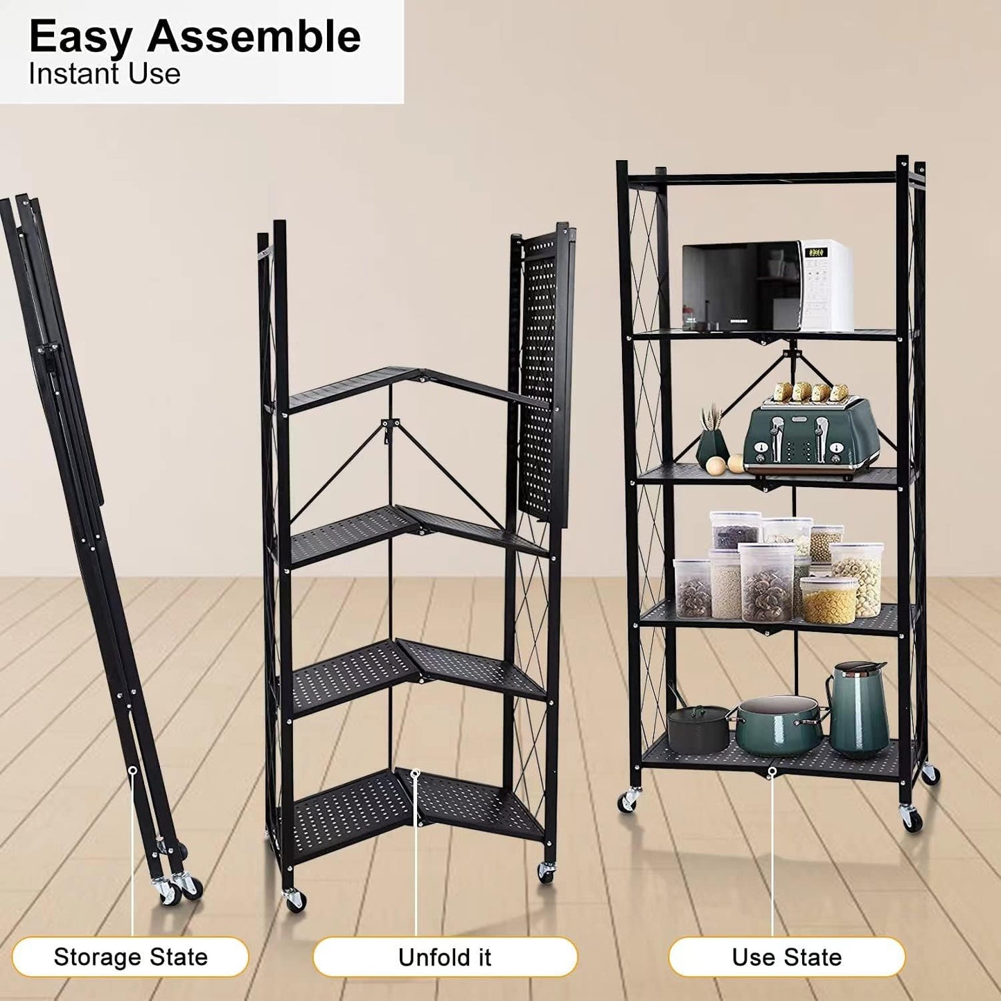 5 Layer Foldable Trolley Rack ,Folding Shelf for Kitchen happyhome