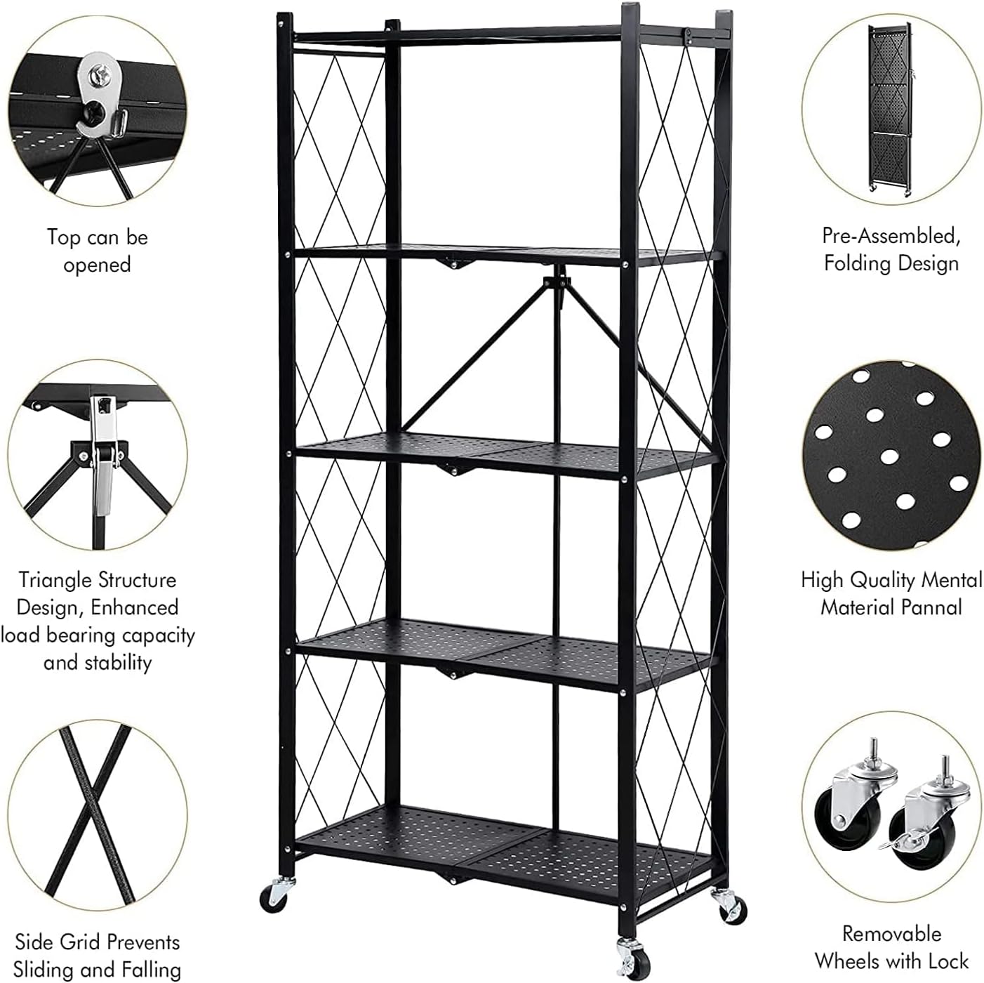 5 Layer Foldable Trolley Rack ,Folding Shelf for Kitchen happyhome