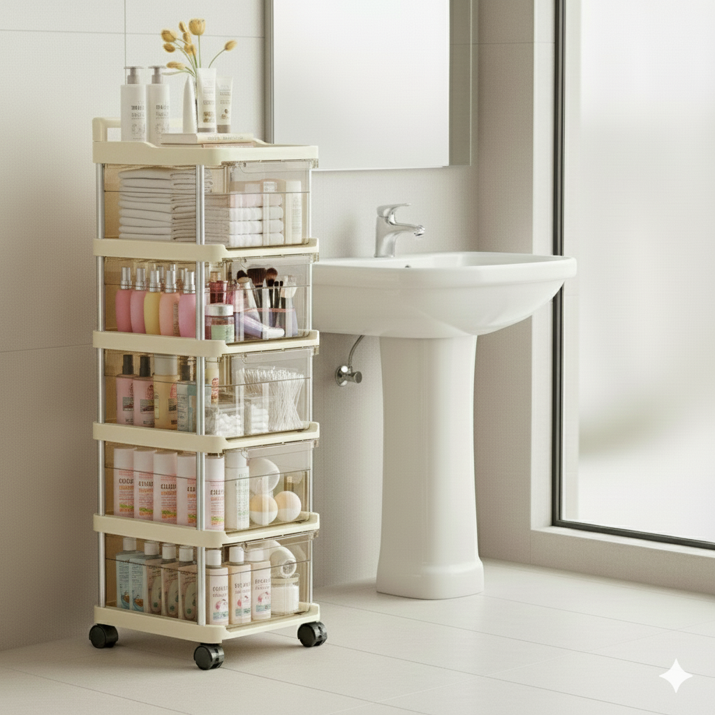 Plastic Storage Trolley with Wheels, 5 Layer Plastic Drawer Storage Cabinet