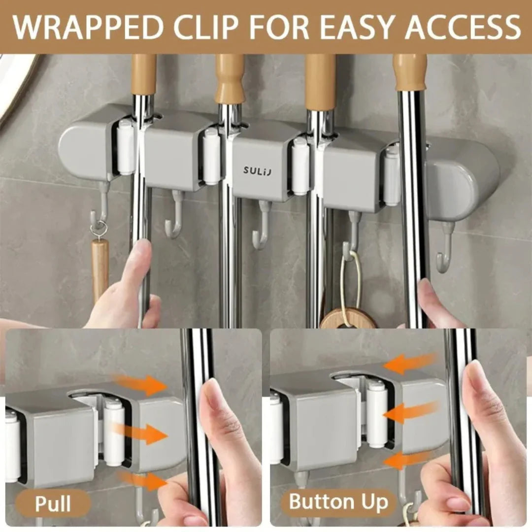 Wall-Mounted Mop Holder, Adhesive Broom and Mop Holder