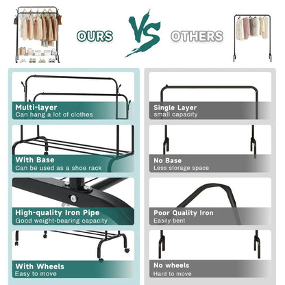 Garment Rack with Wheels, Double Pole Clothes Hanger