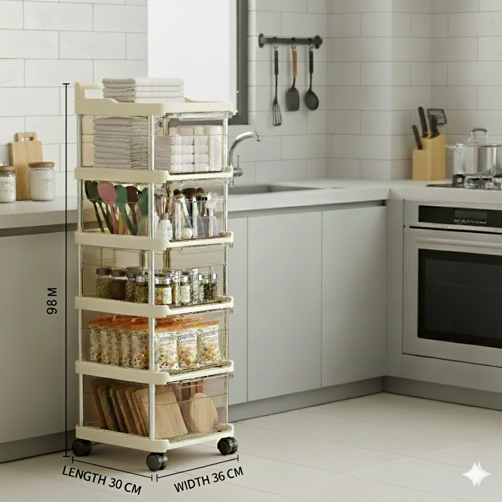 Plastic Storage Trolley with Wheels, 5 Layer Plastic Drawer Storage Cabinet