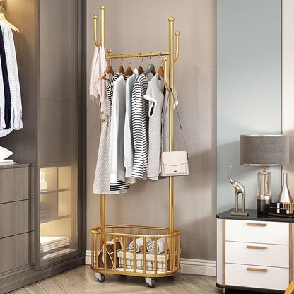 Portable Garment Stand , Metal Clothing Stand with Laundry Basket and Wheel