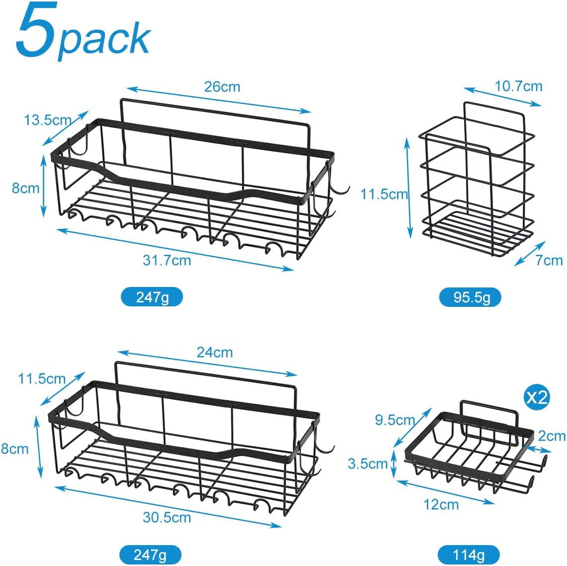 Rust-Proof 5-Pack Shower Caddy Set, 5-Piece Adhesive Shower Caddy Set – Stainless Steel