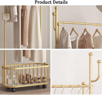 Portable Garment Stand , Metal Clothing Stand with Laundry Basket and Wheel
