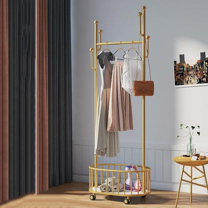 Portable Garment Stand , Metal Clothing Stand with Laundry Basket and Wheel