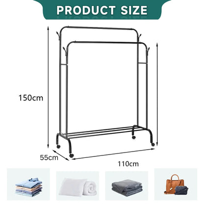 Garment Rack with Wheels, Double Pole Clothes Hanger