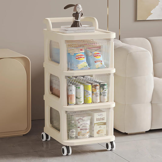 Plastic Drawer Organizer with Wheels, 3-Layer Rolling Storage Cabinet