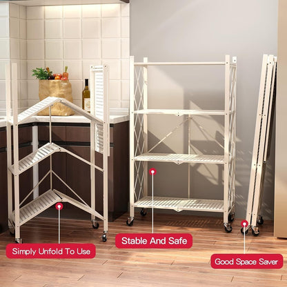 4 Layer Foldable Trolley Rack, Kitchen Storage Rack with Wheels